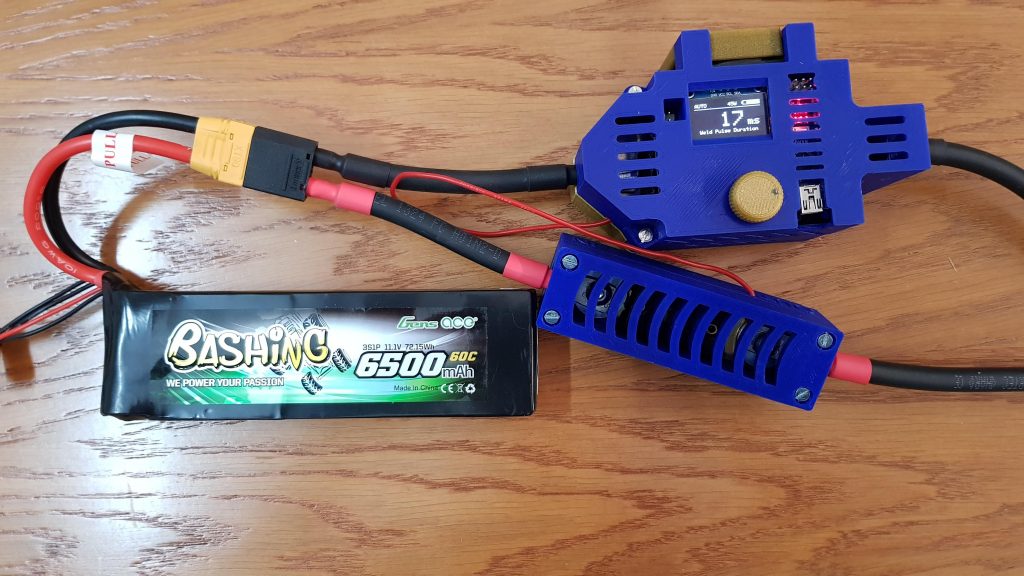 The Malectrics arduino spot welder with 3D printed case and 3S1P battery attached.